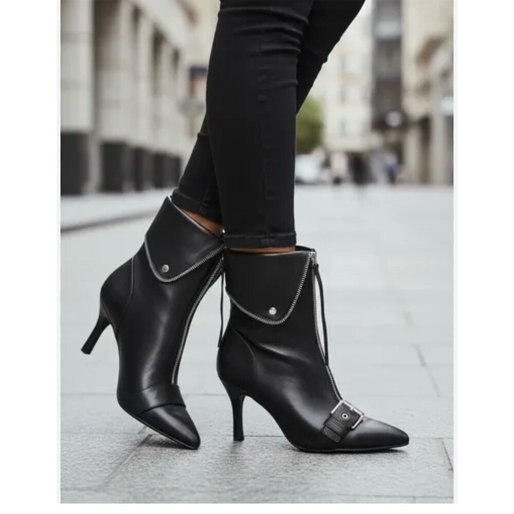 A New Day Mickey Womens Black Pointed Toe Moto Ankle Booties Side Zip
